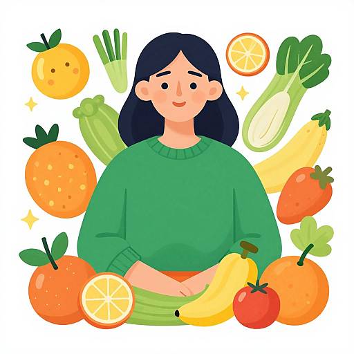 Cartoon illustration of a smiling woman with black hair in a green sweater, surrounded by various colorful fruits and vegetables.