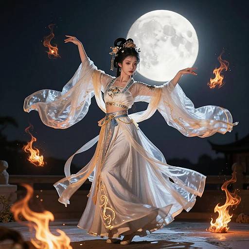Photograph of an East Asian woman in a flowing, translucent white dress, dancing under a full moon, with flames surrounding her.