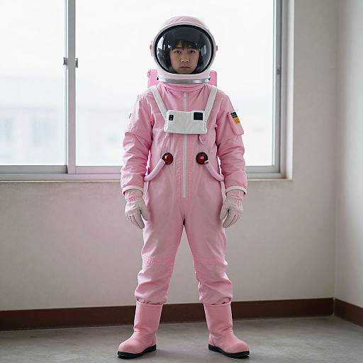 Photograph of a young child in a pink astronaut suit with white helmet, standing in a bright room by a window.