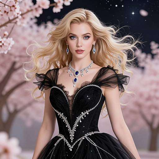 Digital artwork of a blonde woman with blue eyes in a black, sparkling evening gown, adorned with jewels, standing in front of cherry blossom trees at night