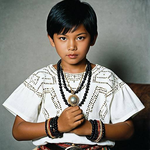 Boy in Traditional Filipino Malong Costume with Jewelry