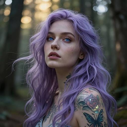 Photograph of a fair-skinned woman with long, wavy lavender hair, blue eyes, and tattoos, standing in a forest with blurred bokeh