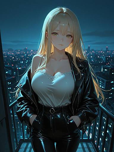 Edgy Blonde Woman in Leather Jacket on Rooftop