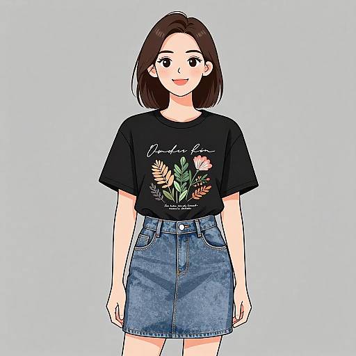 Digital anime-style drawing of a young woman with short brown hair, wearing a black floral graphic t-shirt and high-waisted blue denim skirt, standing