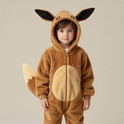 Photograph of a young boy in a brown Eevee-themed onesie with large black ears, a beige belly patch, and a fluffy tail,
