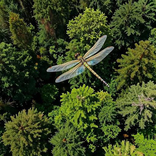Photograph of a vibrant dragonfly with translucent blue wings hovering above dense, green foliage. The dragonfly's yellow and black body contrasts against the dark