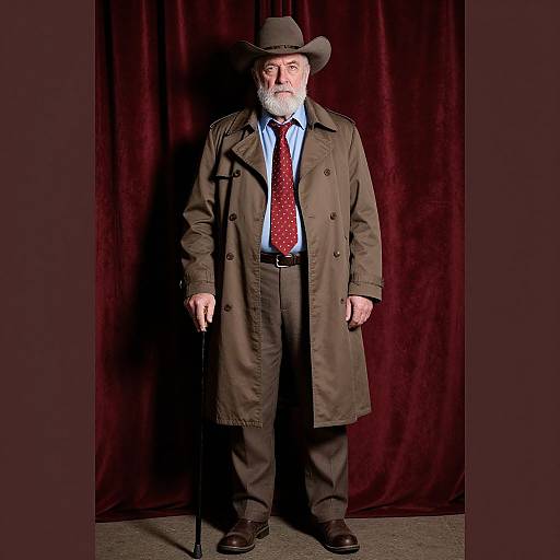 Photograph of an elderly white man with a full white beard and gray mustache, wearing a brown trench coat, cowboy hat, blue shirt, red