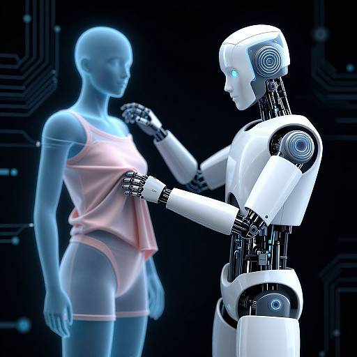 Digital CGI of a glowing blue female silhouette in pink lingerie, interacting with a white and black humanoid robot in a dark, circuit-patterned background.