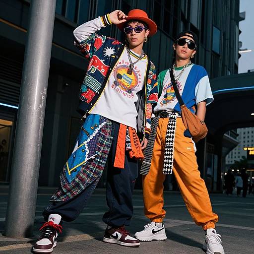 Photograph of two stylish men in urban setting, wearing bold hats, colorful jackets, sunglasses, orange pants, and Nike sneakers, standing by a building