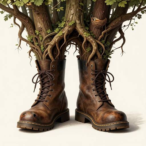 Photograph-style digital artwork of brown, worn leather boots with lace-up fronts, rooted into a tree trunk with gnarled roots and green leaves emerging