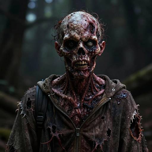 Photorealistic CGI of a decayed, bloody zombie with exposed muscles, tattered hoodie, and dark forest background, staring menacingly ahead.