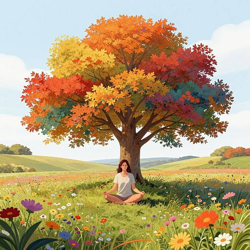 Meditating Woman Beneath Vibrant Autumn Tree