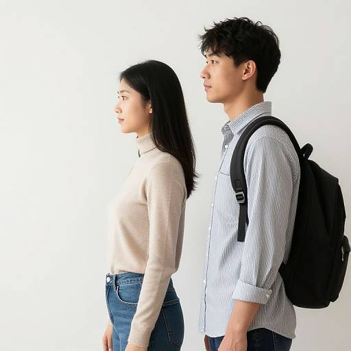 Photograph of an Asian couple in profile, standing side-by-side; woman with long black hair, beige sweater, blue jeans; man with short black