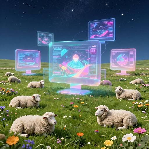 Digital artwork of glowing, neon-blue holographic screens displaying abstract figures, surrounded by fluffy white sheep grazing in a vibrant, starry night meadow with