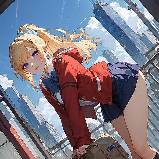 Anime-style digital drawing of a blonde girl with blue eyes in a red jacket, blue skirt, and white shirt, leaning on a rooftop with a city