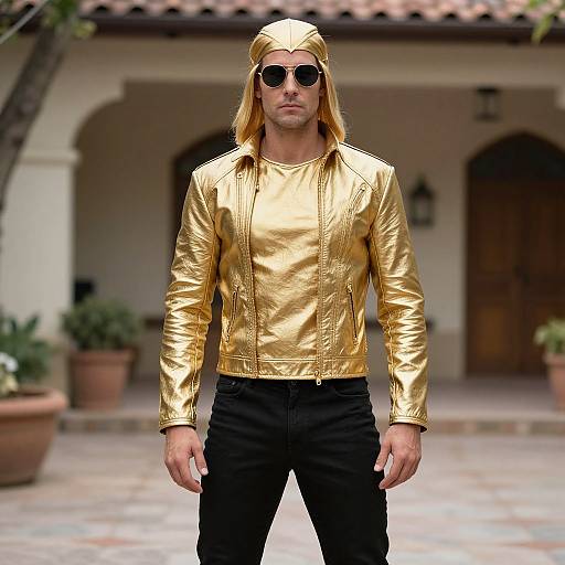 Photograph of a man with long blonde hair in a gold metallic hoodie, black pants, and aviator sunglasses, standing in a courtyard.