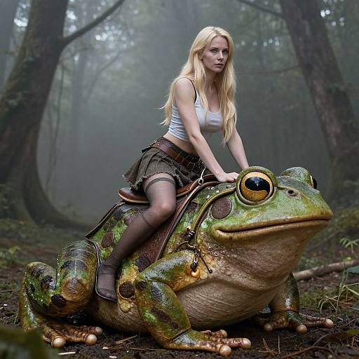 Photograph of a blonde woman in a white tank top and green skirt riding a giant, realistic green frog in a misty forest.