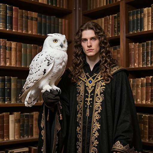Photograph of a young man with long curly brown hair, wearing a black, gold-embroidered robe, holding a white owl with black spots