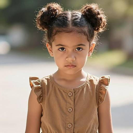 Serious young girl in brown dress outdoors