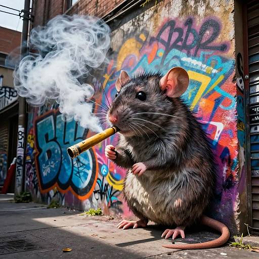 Photograph of a realistic, gray-furred rat smoking a cigar, with white smoke, against a colorful graffiti-covered urban alley wall.