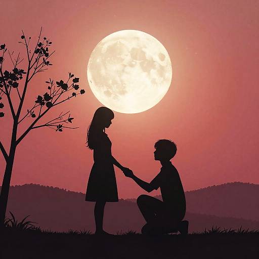 Silhouette of a girl in a dress and a boy kneeling, holding hands against a large full moon and pink-orange sky. Tree on the left,