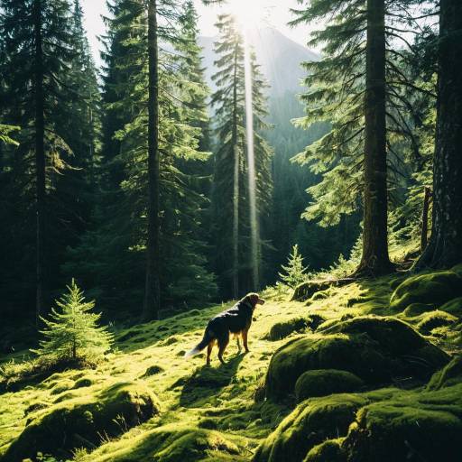 Dog in Sunlit Spruce Forest