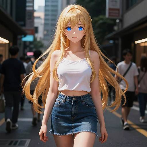 Digital anime-style image of a blonde girl with long hair, blue eyes, white crop top, and denim skirt, walking in a busy urban street at