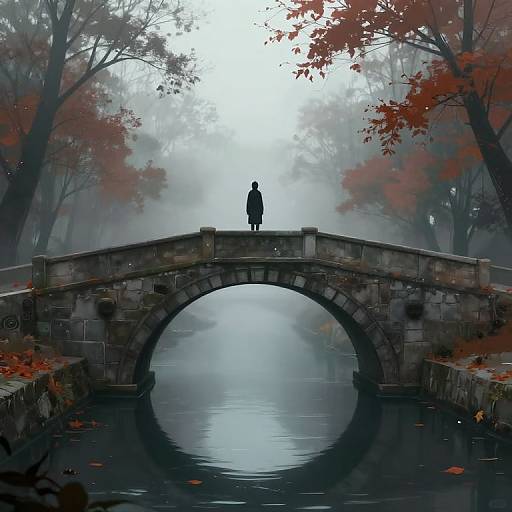 Digital art: Silhouetted figure stands on a misty, stone bridge over a calm river, surrounded by fog and autumn-red trees.