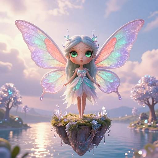 Digital CGI fairy with large, iridescent wings, green eyes, white dress, standing on a floating grassy island, surrounded by a magical,
