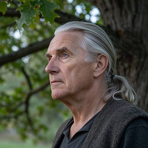 Photograph of an elderly man with white hair, light blue eyes, and wrinkled skin, wearing a dark brown sweater, looking contemplatively to the