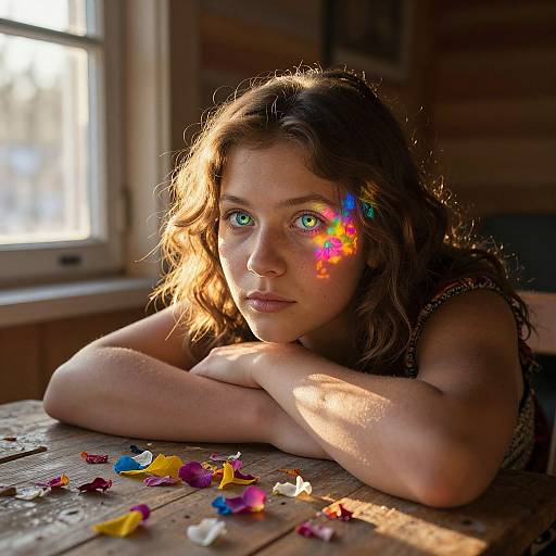 Photograph of a young girl with green eyes, brown wavy hair, and colorful light reflection on her cheek, resting on a wooden table scattered with