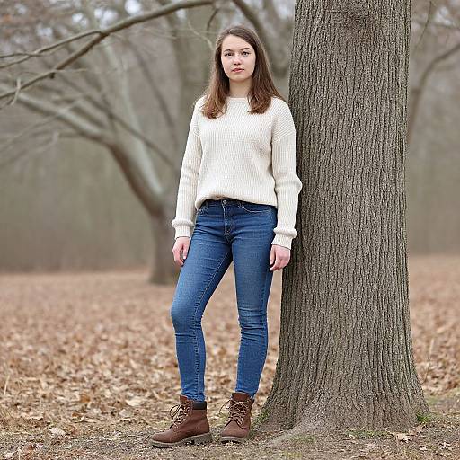 Photograph of a young woman with straight brown hair, wearing a white knit sweater, blue jeans, and brown lace-up boots, standing against a tree
