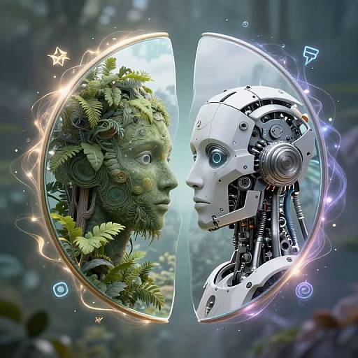 Digital artwork of a cybernetic human face with glowing blue eyes facing a nature-inspired, leafy human face, separated by a glowing, broken circle