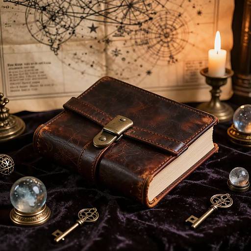 Mystical photograph of a dark brown leather-bound book with a metal clasp, surrounded by candles, snow globes, and old keys on a
