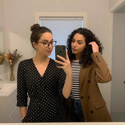 Two Women Taking Mirror Selfie in Modern Bathroom