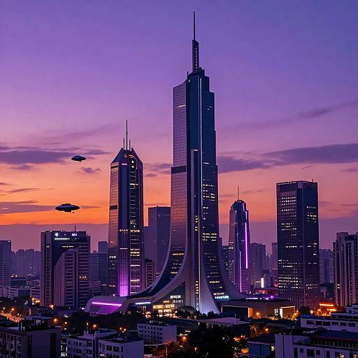 Photograph of a futuristic cityscape at sunset, featuring towering skyscrapers with neon lights, a purple and orange sky, and UFO-like objects in