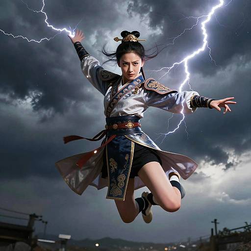Digital artwork of an East Asian warrior woman with black hair in a bun, jumping amidst lightning, wearing a silver and blue traditional outfit, against a storm