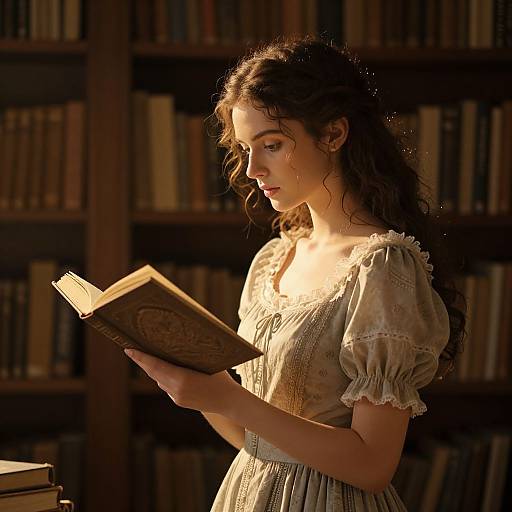 Photograph of a young woman with long, curly brown hair, wearing a light, floral, puffed-sleeve dress, reading a book in