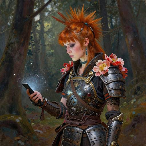 Digital fantasy artwork of a red-haired, armored elf woman with spiked hair, flowers on her shoulder, glowing orb on smartphone, in a dark, mystical