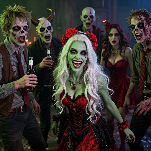 Digital artwork: Smiling green-skinned zombie woman with white hair and red flowers, in a red corset, surrounded by grinning undead men in