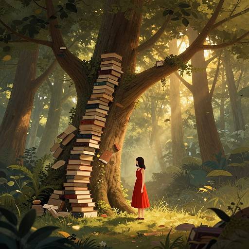 Digital artwork of a forest, sunlight filtering through trees, girl in red dress, standing before a tree with stacks of books.