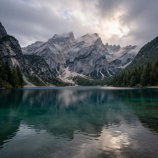 Photograph of a serene mountain lake reflecting jagged, snow-capped peaks under a cloudy sky, surrounded by dense evergreen forests.