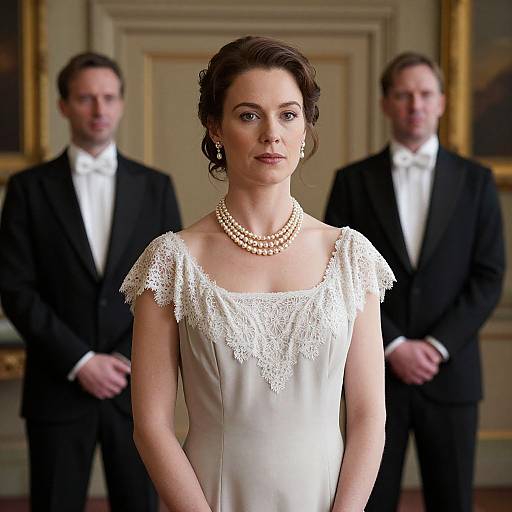 Photograph of a poised woman in a white lace wedding dress and pearl necklace, flanked by two men in black tuxedos.