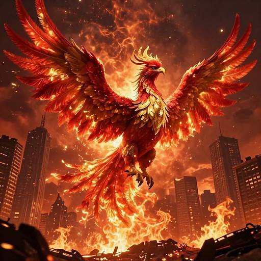 Majestic Phoenix Rising Over Apocalyptic City