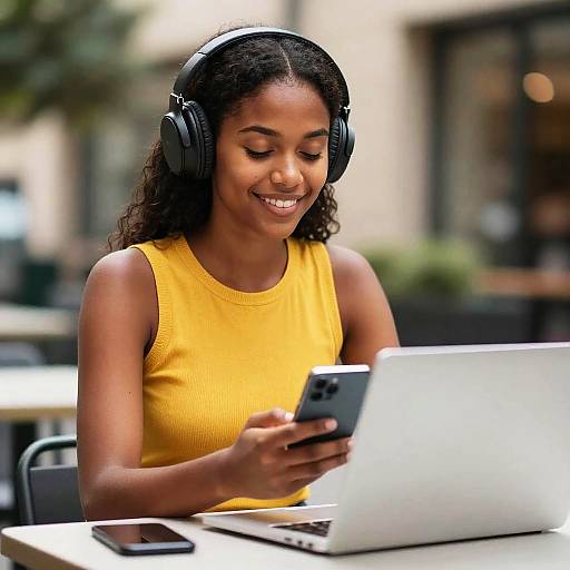Smiling Dark-Skinned Woman with Laptop and Headphones