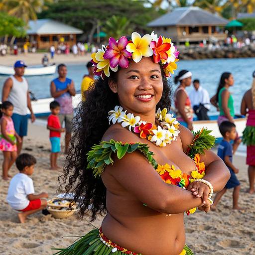 Photograph of a smiling, dark-skinned Hawaiian woman with long curly hair, wearing a flower crown, hibiscus top, and grass skirt