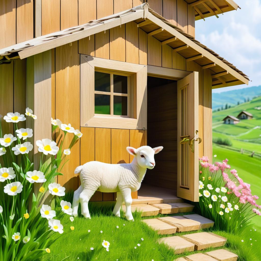 Cute Lamb in Rustic Countryside Scene