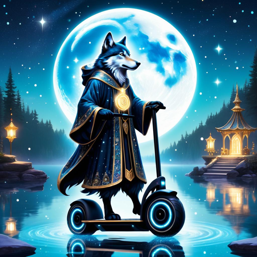 Magical Wolf on Segway by Moonlit Lake