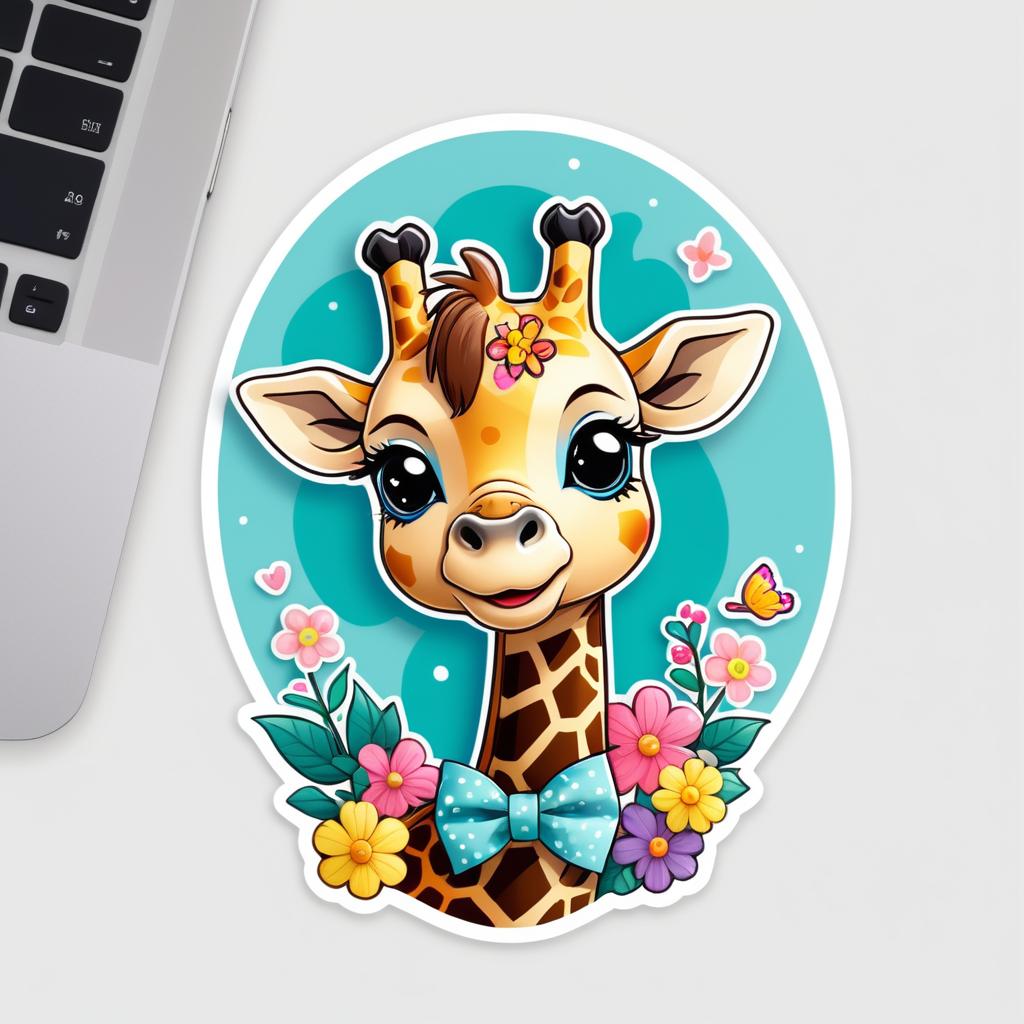 Kawaii Giraffe Sticker with Floral Splash