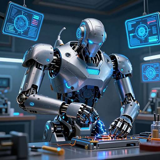 Photorealistic CGI of a silver robotic humanoid with blue glowing accents, working on a circuit board in a high-tech lab. Neon blue holographic screens